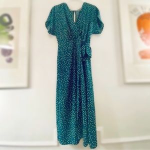Le Lis Dark Green and White Retro Polka Dot Faux-Wrap Dress 💚